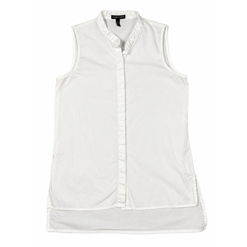 Eileen Fisher Sleeveless Tunic Women's XXS White Organic Cotton Button Up Shirt - Picture 1 of 11